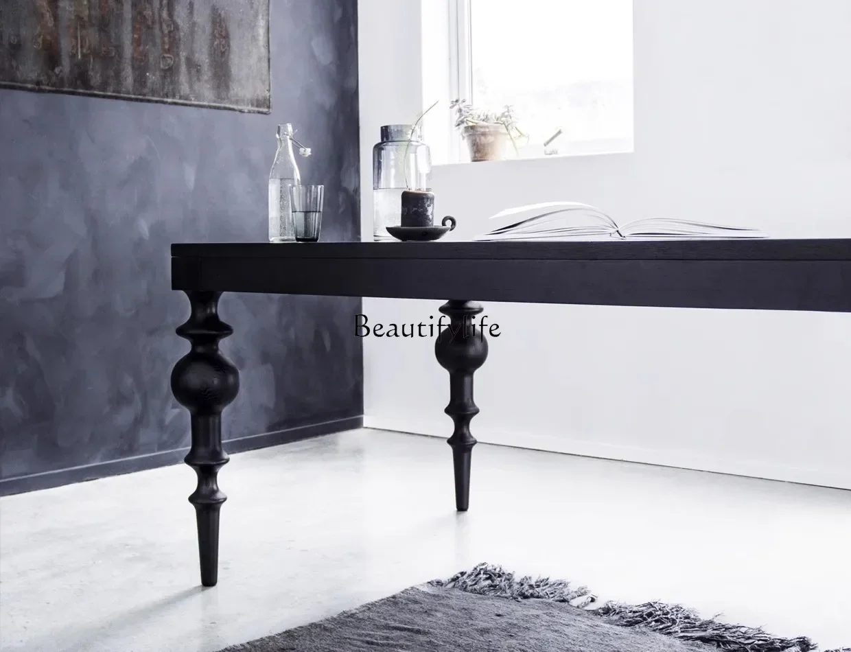 

LJY*Solid Wood Household Rectangular Dining Table Vintage Log Negotiation Mid-Ancient Black Long Table