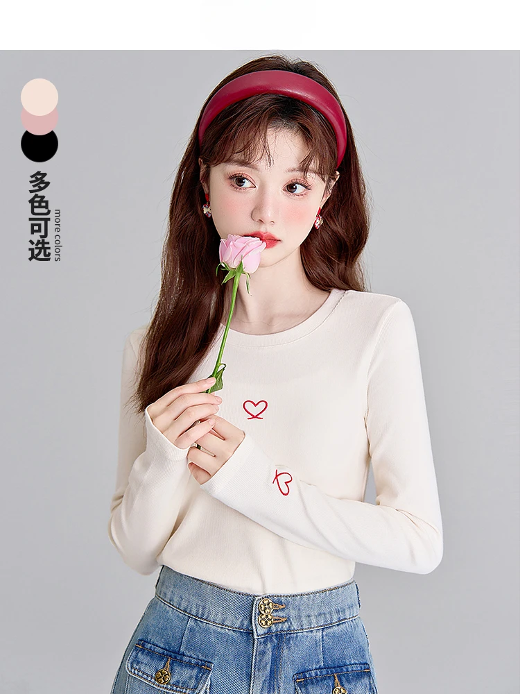 Long Sleeve T-shirt Inner Bottoming Shirt Women's Exquisite Embroidery Fashion Versatile Spring and Autumn Sweet Slim KnittedTop