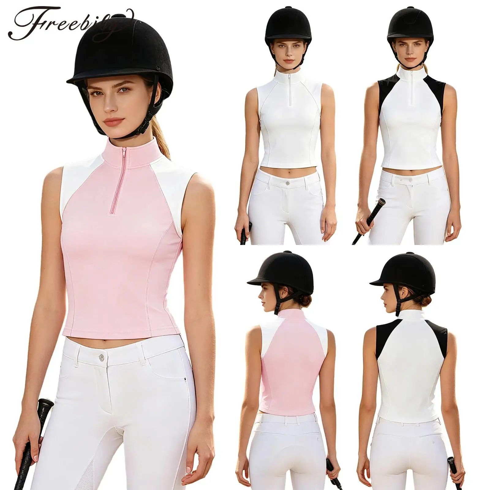 Women Sleeveless Color Block Equestrian Shirt Zip-up Stand Collar Horse Riding Vest Quick Dry Golf Tennis Sports Tank Top