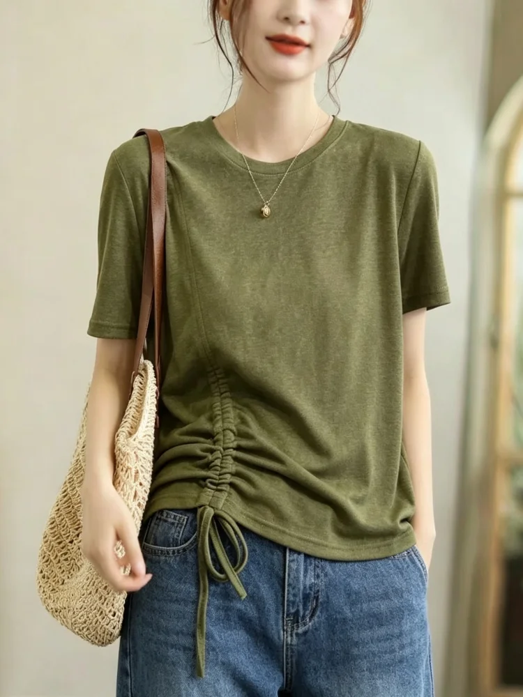 Elegant European Summer 2026 Women's round Neck Design Drawstring Gathered Sash Short Sleeve T-Shirt Fashionable Top