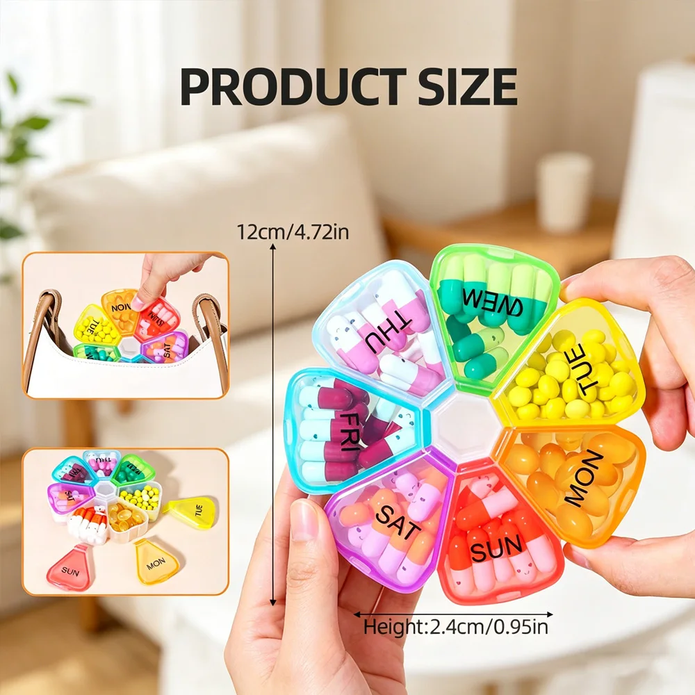 Cute Floral Rainbow Weekly Pill Box 7 Days 7 Compartments Portable Travel Medicine Organizer
