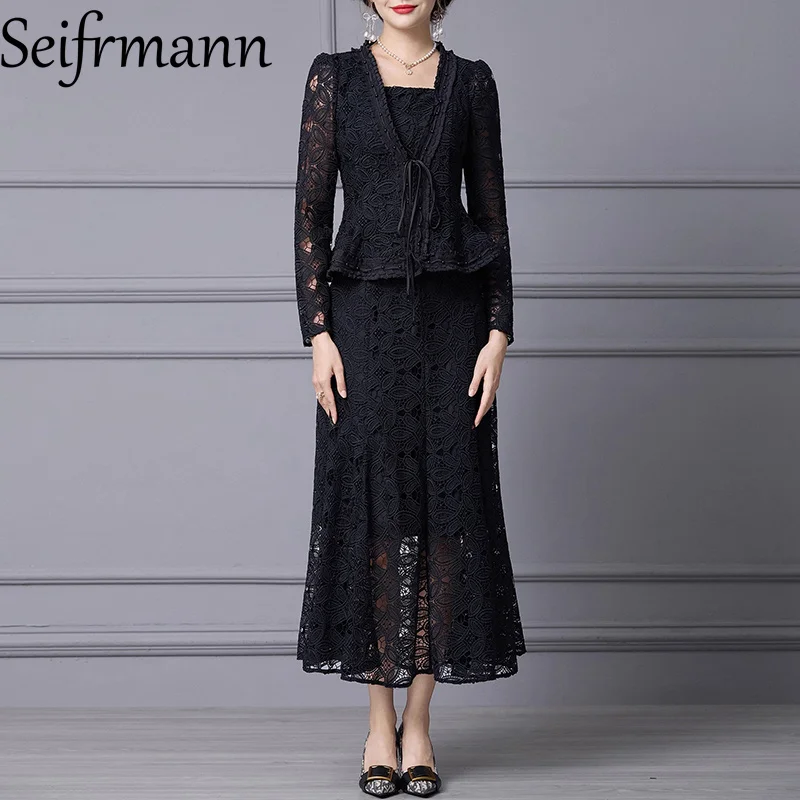 Seifrmann Fashion Women's Suit Long Sleeved Lace-up coat+Spaghetti Strap Backless High Waist Dresses Lace Hollow Out 2-piece set
