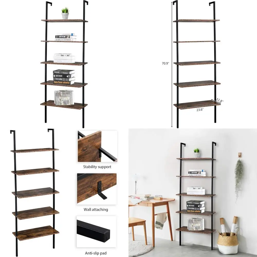 رف سلم خشبي مكون من 5 طبقات - خزانة كتب على الطراز الريفي العتيق للتخزين والعرض المنزلي