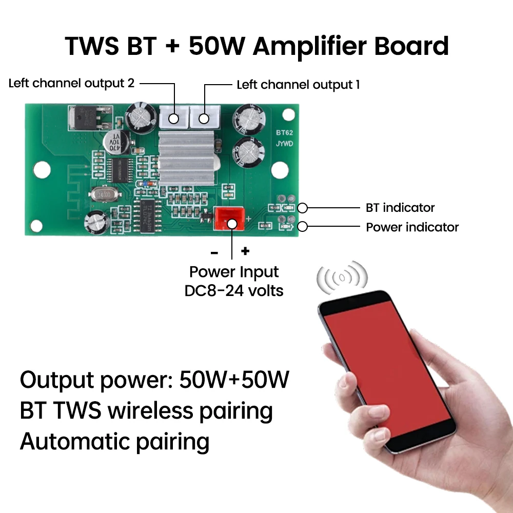 DC8V~24V Bluetooth Amplifier Module 2.0 Channel 50W*2 HiFi Stereo TWS Bluetooth 1 to 1 to 2 Home Theater Audio Upgrade Amplifier