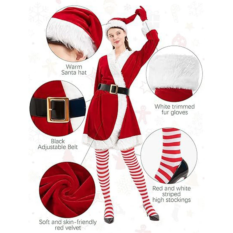 Santa Claus Costume Velvet Open Front Santa Dress Outfit with Hat Belt Gloves Striped Stockings
