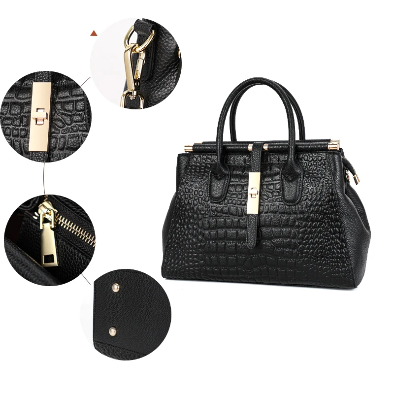 Light Luxury Crocodile Pattern Women\'s Handbag Large Capacity Black High Quality Cowhide Single Shoulder Crossbody Bag