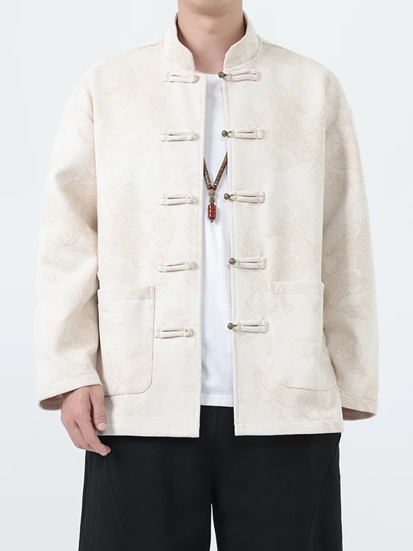 

Suede Men's Jaet in Khaki with Embroidery Chinese Sle Autumn Winter Outerwear Loose Fit Long Sve Button up Coat