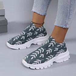 Women's Print Platform Sneakers 2024 Thick Bottom Breathable Knitting Casual Shoes Woman Soft Sole Non-Slip Loafers Shoes Ladies