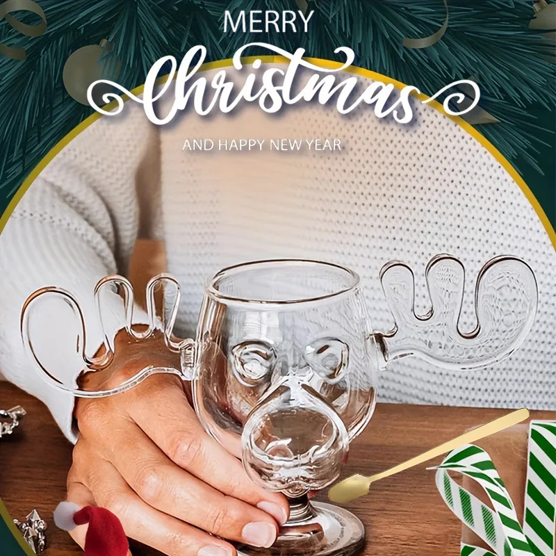 1 PC 240ml 8oz Christmas Mug Creative Elk Glass Home Milk Glass Wine Glass Wine Glass Christmas Reindeer Head Cocktail Glass Cup