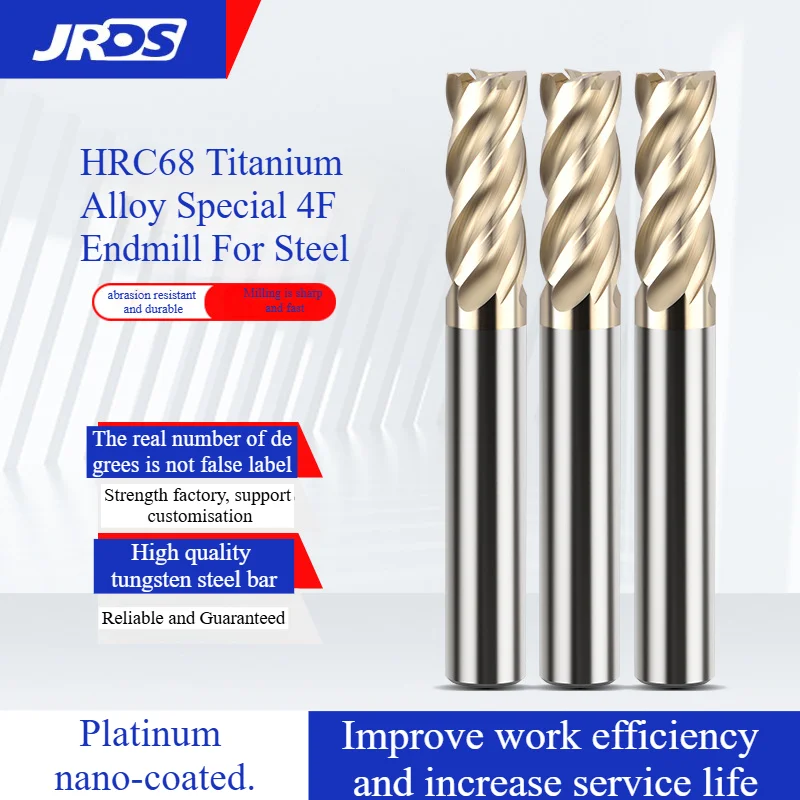

JRDS HRC68 Carbide End Mill 4 6 8 10 12 4Flutes Milling Cutter Tungsten Cutting Tool CNC Metal Steel Key Face Square Router Bit