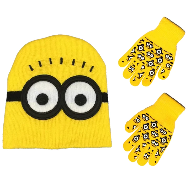 Anime Minions Cosplay Costume Yellow Kinitted Beanie Stretchy Gloves Kawaii Winter Cap Christmas Halloween Gifts for Boys Girls