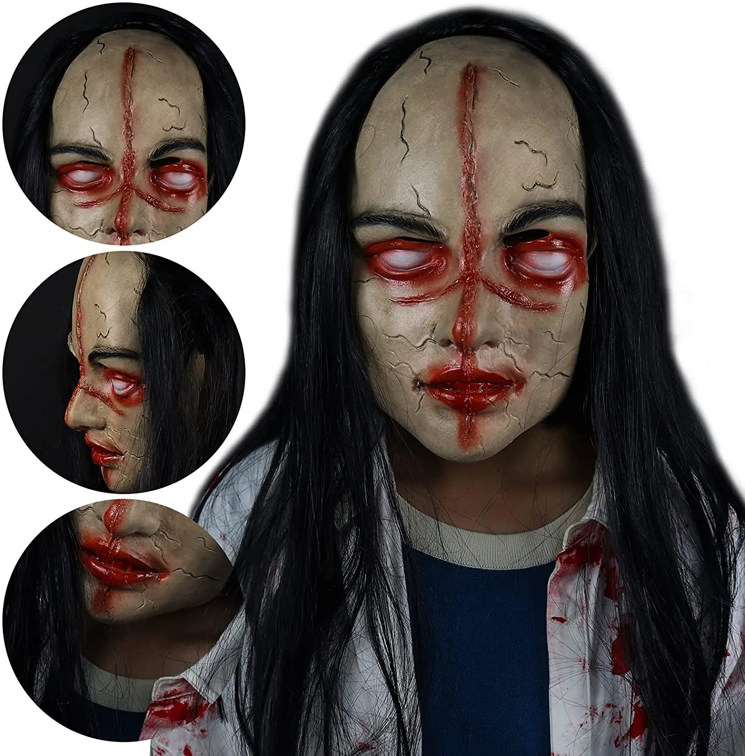 

Grimace Ghost Mask Scary Zombie Latex Skin with Long Hair Realistic Halloween Cosplay Props