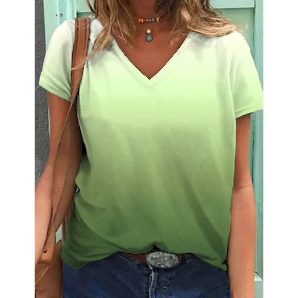 Tops básicos diarios de manga corta con cuello en V para mujer, camiseta sencilla con estampado degradado, talla grande, cómoda para el hogar, verano 2024