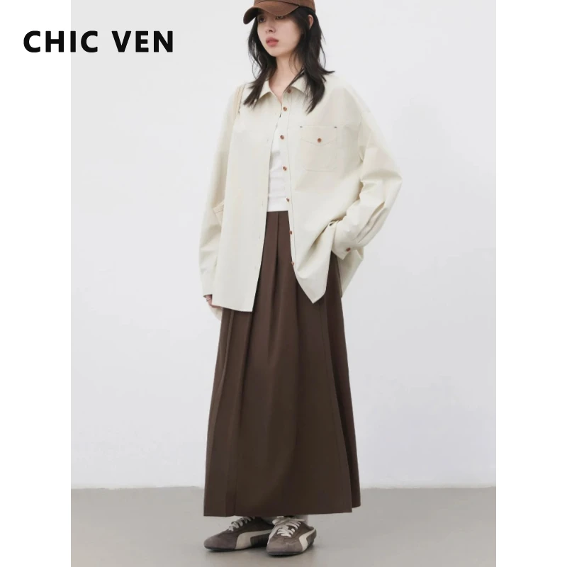 

CHIC VEN Новые женские длинные юбки, однотонные, с завышенной талией, свободные, повседневные, средней длины, весна-осень 2026, одежда