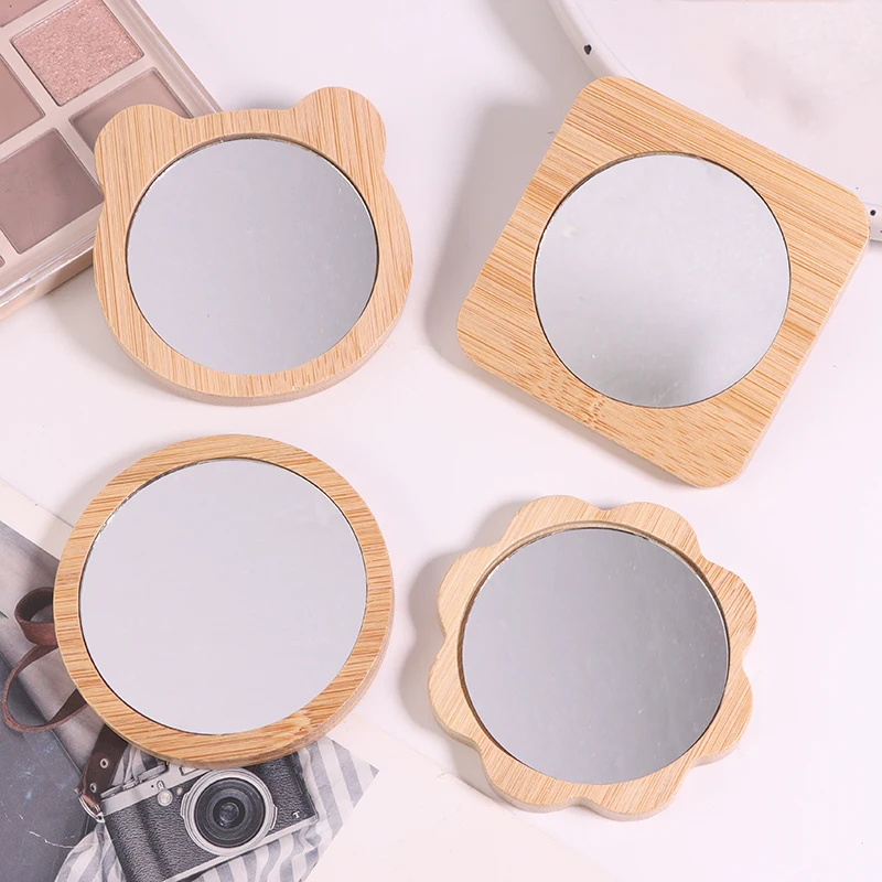 1Pcs Simple Wooden Portable Mirror Mini Small Round Hand held Beauty Makeup Mirror For Female Cosmetic Tool