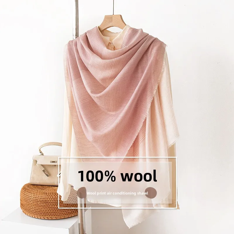 

New luxury 100% Wool Gradient Pink Scarf Women Spring Autumn Elegant Thin Long Hijab Shawl Warm Fashionable Versatile Scarves
