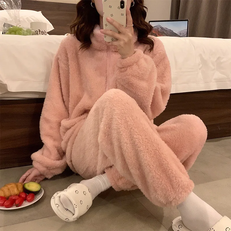 High Collar Zipper Flannel Pajamas Set Sleepwear Winter New Warm Coral Fleece Loungewear Trouser Suits Loose Women Home Clothes