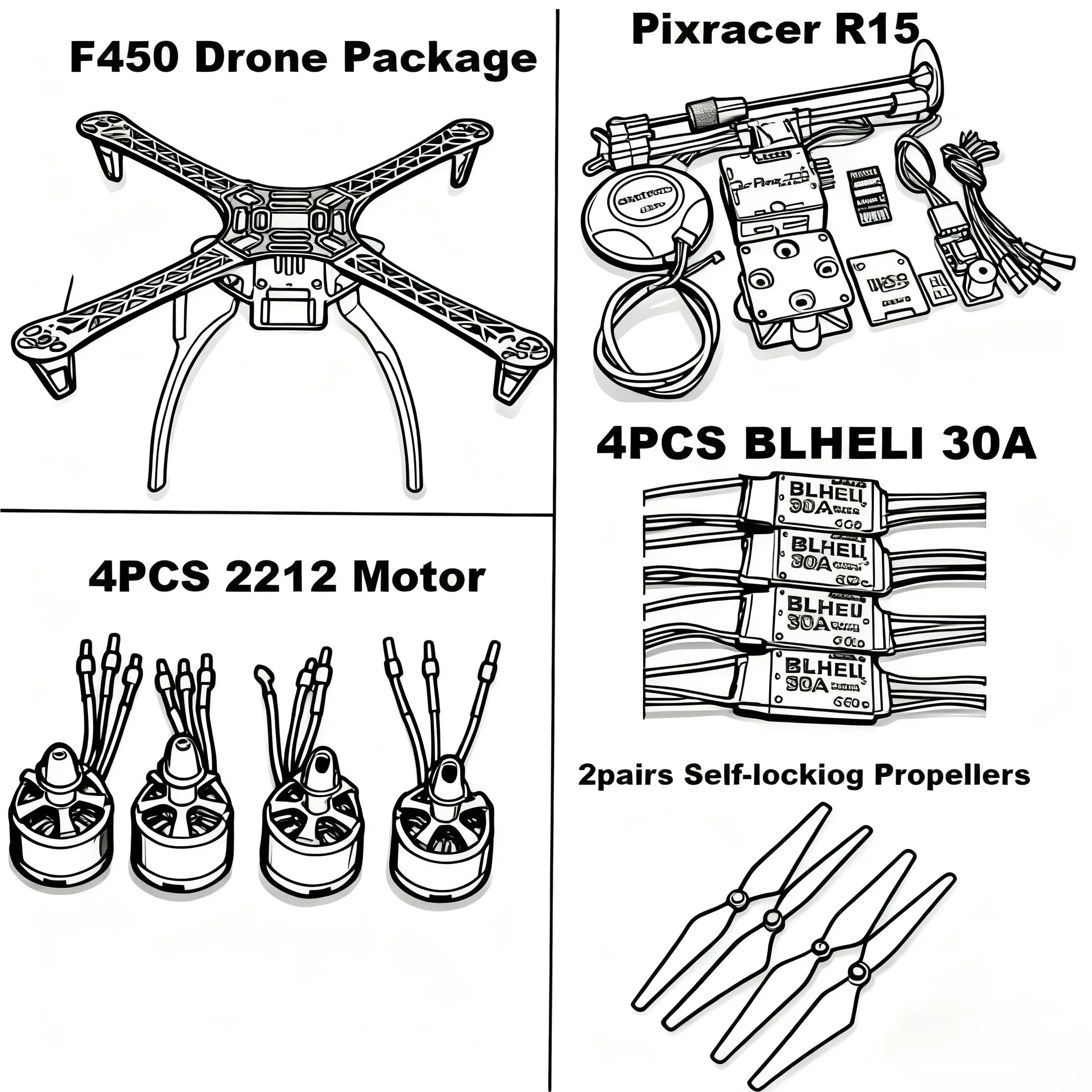 DroneHub Carbon Fiber 450 Frame Kit Pixracer R15  Flight Control  Ardupilot Quadcopter BLHELI 30A ESC 2212 Motor