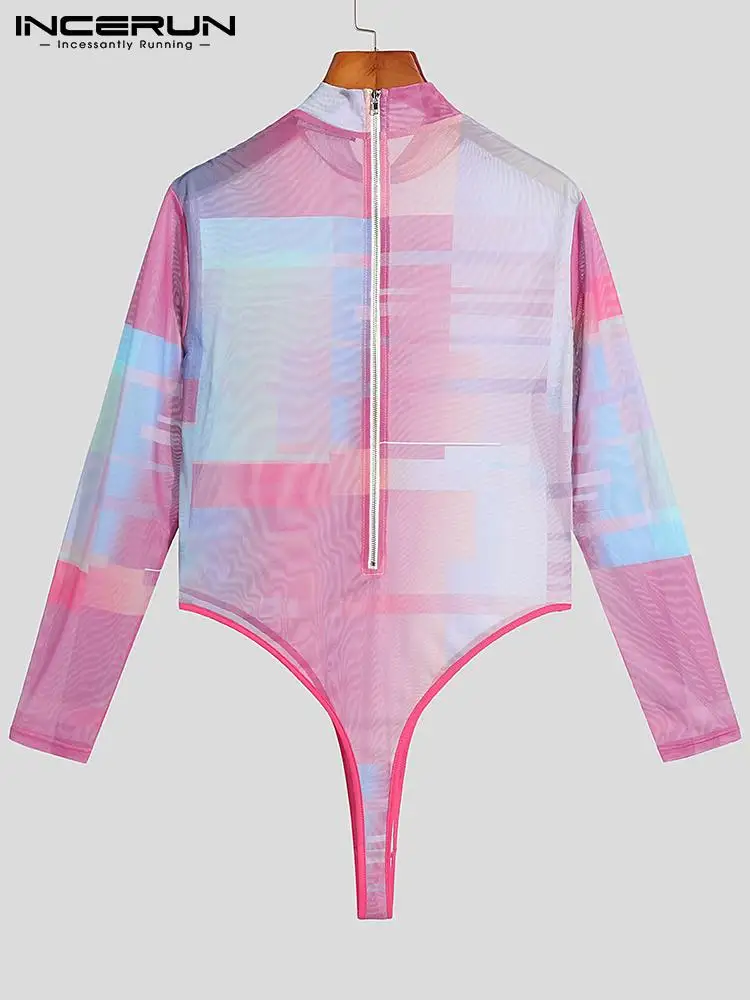 Party Nightclub New Men Rompers Stylish Colorful Turtleneck Mesh Bodysuit Sexy Casual Zipper Long-sleeved Jumpsuit S-5XL INCERUN