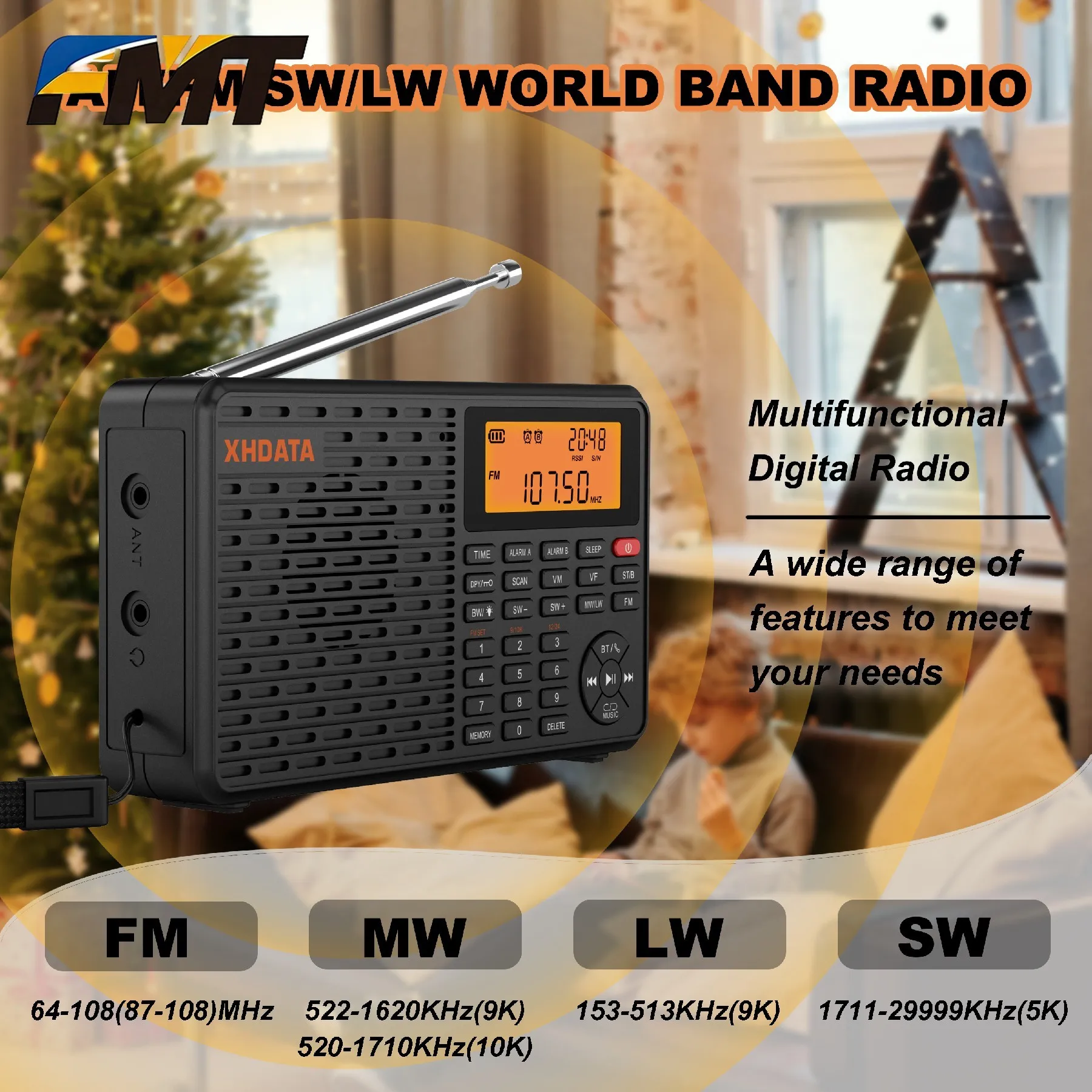 

FMT .XHDATA D-109 Stereo Digital Portable Radio AM SW MW FM Radio Bluetooth Compatible Multifunctional Radio Support TF Card Pla