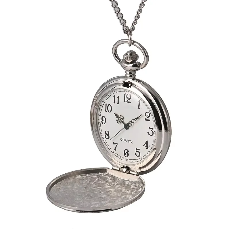8857Retro large size pocket watch silver double-sided simple pattern white dial quartz posket watch with necklace the best gift
