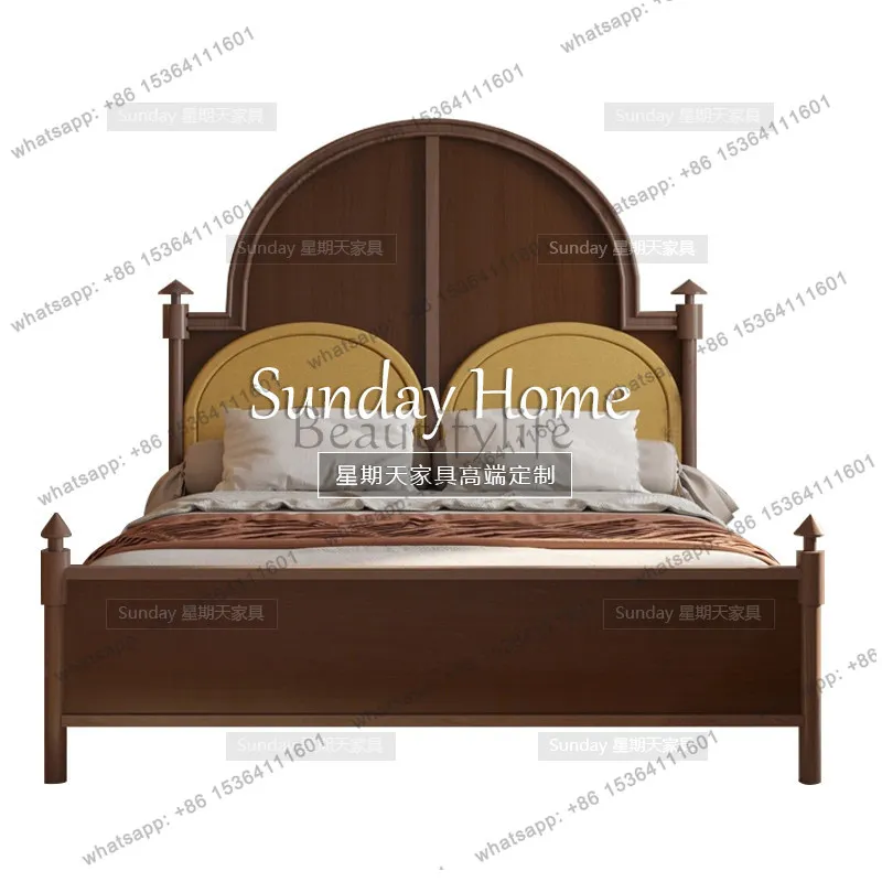 

American retro old Paris double bed French light luxury Roman column carved solid wood bed