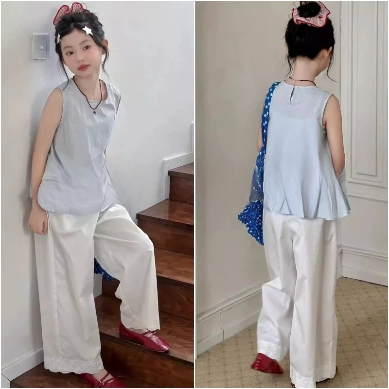 Parent Child Korean Version Childrens Clothing 2026 Summer Childrens Set Lace Sleeveless Vest Wide Leg Pants
