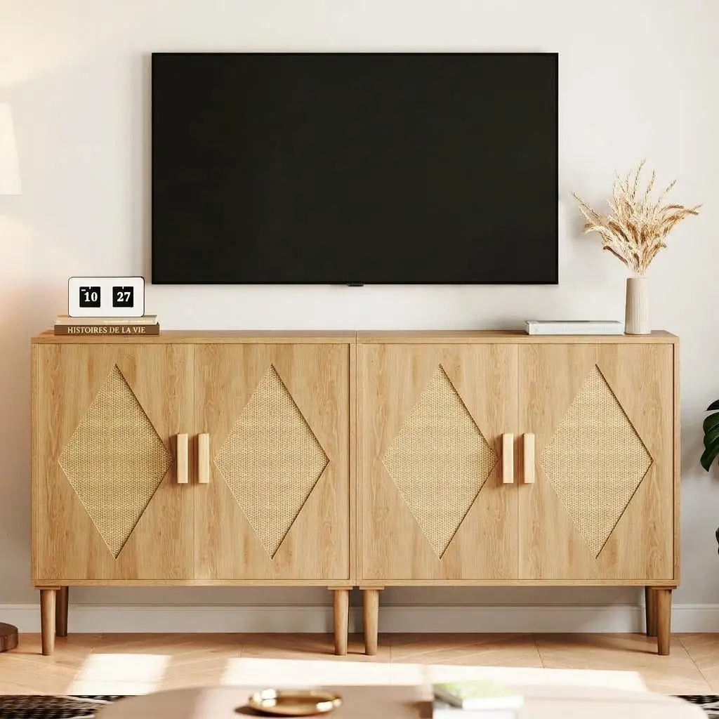 Boho Rattan Sideboard Cabinet with Diamond Weave Doors – 31.5