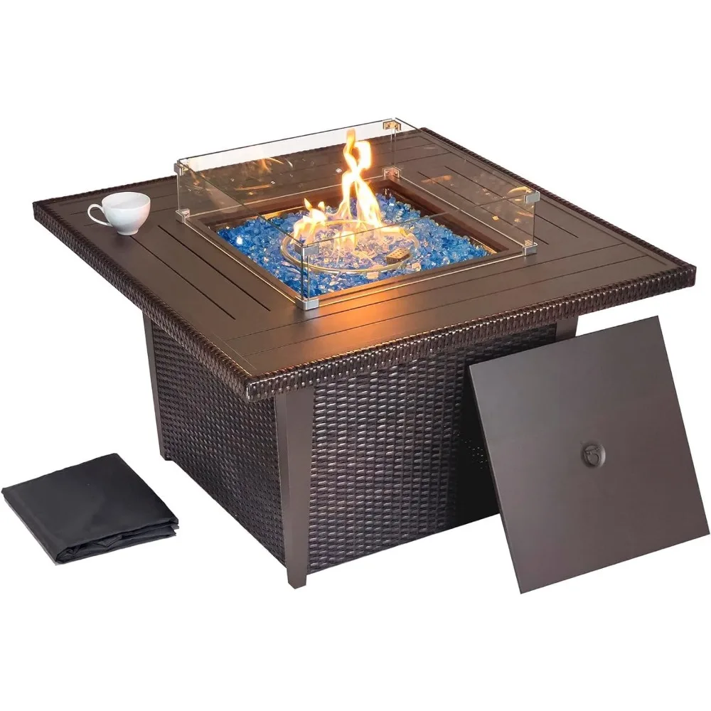 

42 Inch Outdoor Propane Fire Pit, 50,000 BTU Gas Fire Pit Table with Lid, Wind Guard, Cover, and Glass Stones, Brown Squre Ratta