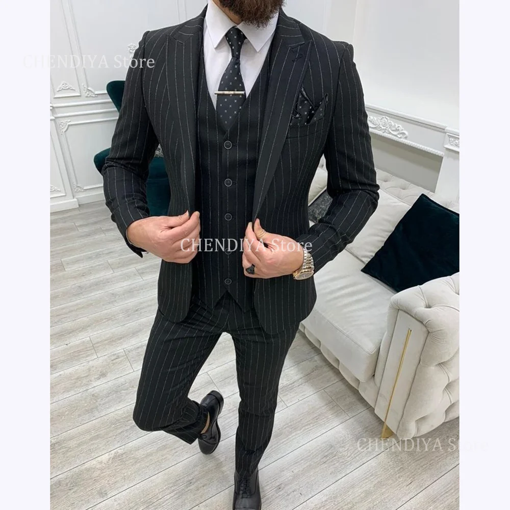 

Black Striped Suits For Men Notch Lapel Slim Fit Suit 3 Piece Office Work Business Formal Clothing Male Jacket Vest Pants