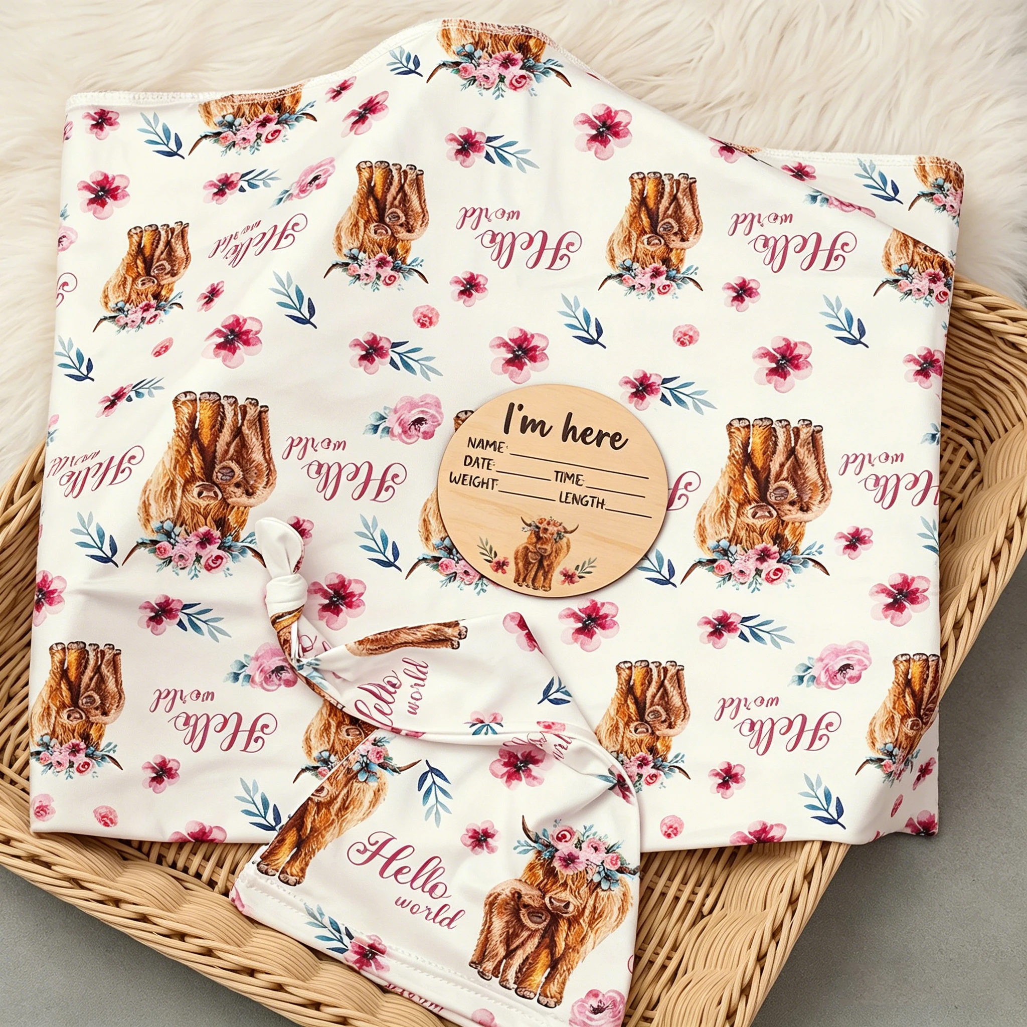Ylsteed Newborn Photography Cow Swaddle Blanket With Knot Hat Set Soft Infant Photography Wrap Baby Shower Birth Announcement-HD