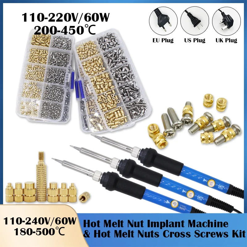 M2 M3 M4 Brass Insert Nut Iron Tip Hot Melt Heat Knurled Embed Injection Copper Insertnut 3D Printer Nut Inserts Soldering Iron