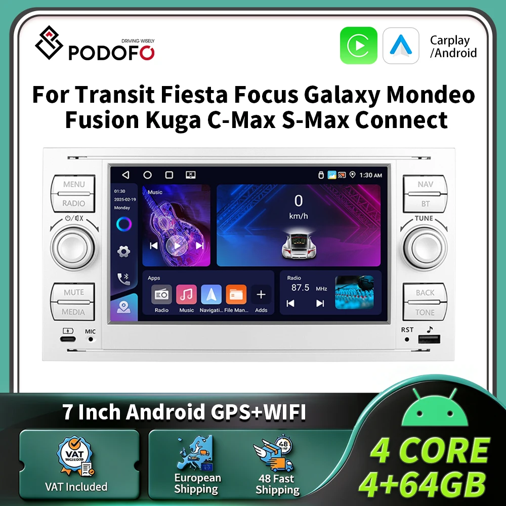 Podofo 7 Zoll 4GB 64GB Autoradio mit Carplay, Android Auto, Smart Car System, GPS-Navigation, MirrorLink, Bluetooth-Headunit für Transit, Fiesta, Focus, Galaxy, Mondeo, Fusion, Kuga, C-Max, S-Max,
