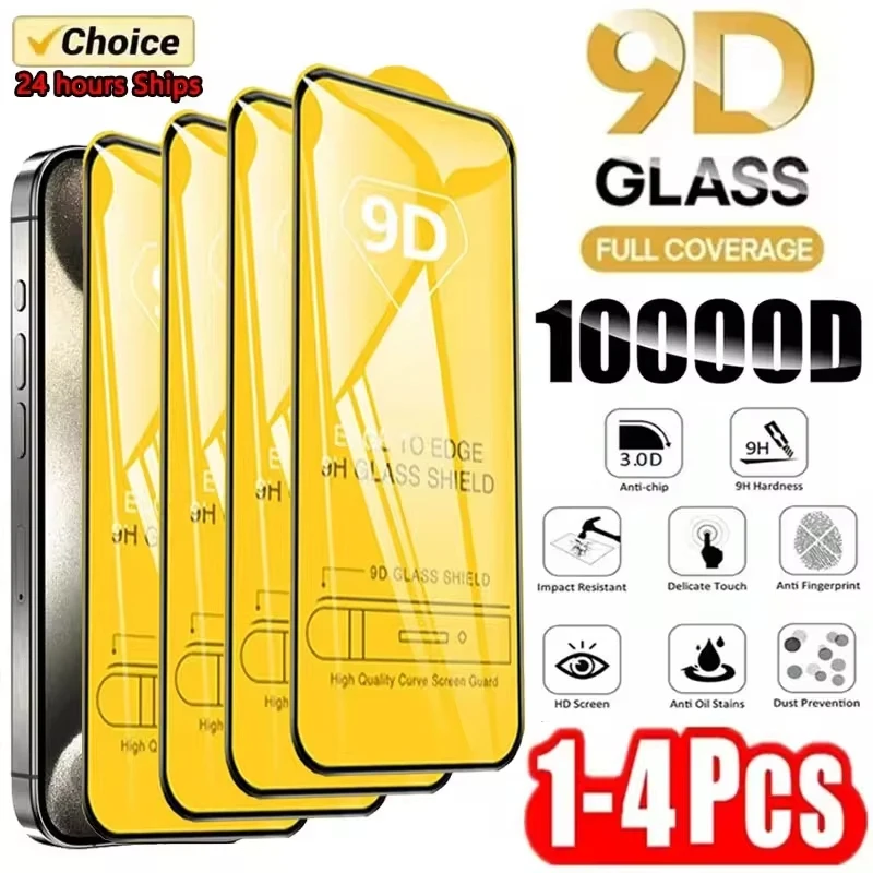 Protector de pantalla de vidrio templado 9D para iPhone 16 15 14 13 12 11 Pro Max, vidrio protector para iPhone X XR XS Max 7 8 Plus, 1-4 piezas