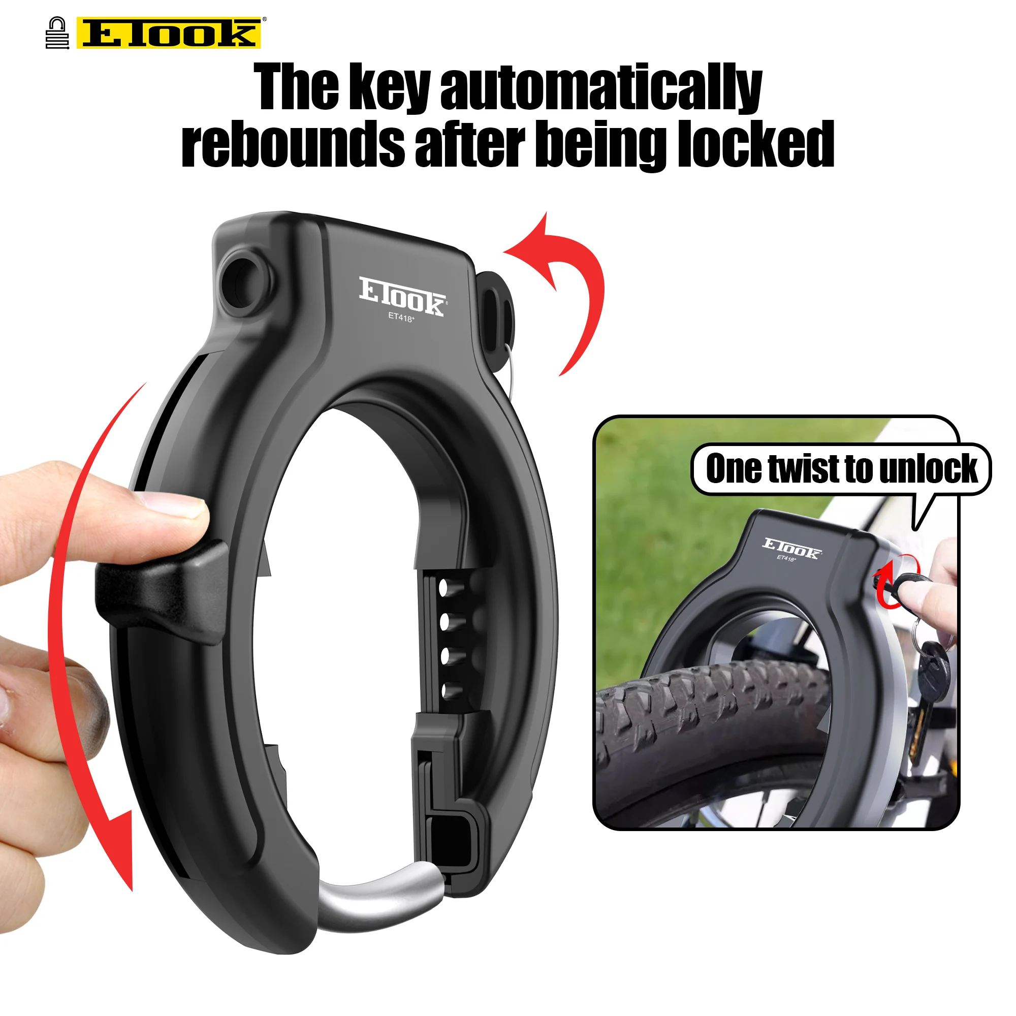 

ETOOK Bicycle Horseshoe Lock 3" Fat Tire Bike Frame Wheel Clamp Lock Anti-Drill Hardened Steel Bicycle Lock for Electric Bike