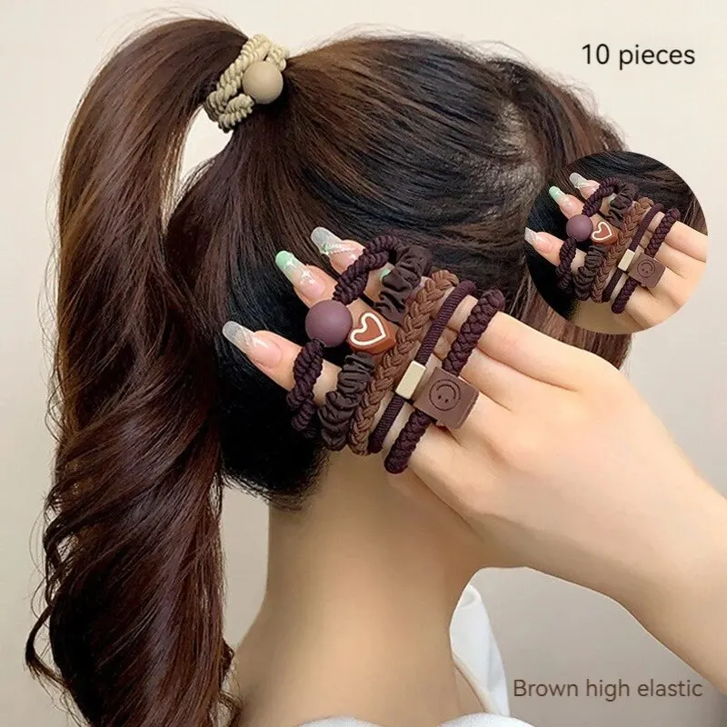 Juego de anillos para el pelo para mujer, accesorios para el cabello, banda de cuero de alta elasticidad, temperamento Simple, cola de caballo alta durabilidad, nuevo estilo, 10 piezas