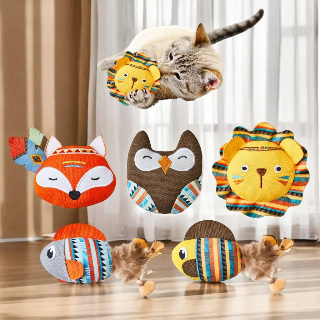 Cat Toys Jungle Animals, 5 Pack Bite Resistant Catnip Toys, Interactive Cat Kicker Toys for Indoor Cats, 3.5 Inches Cat tail Toy