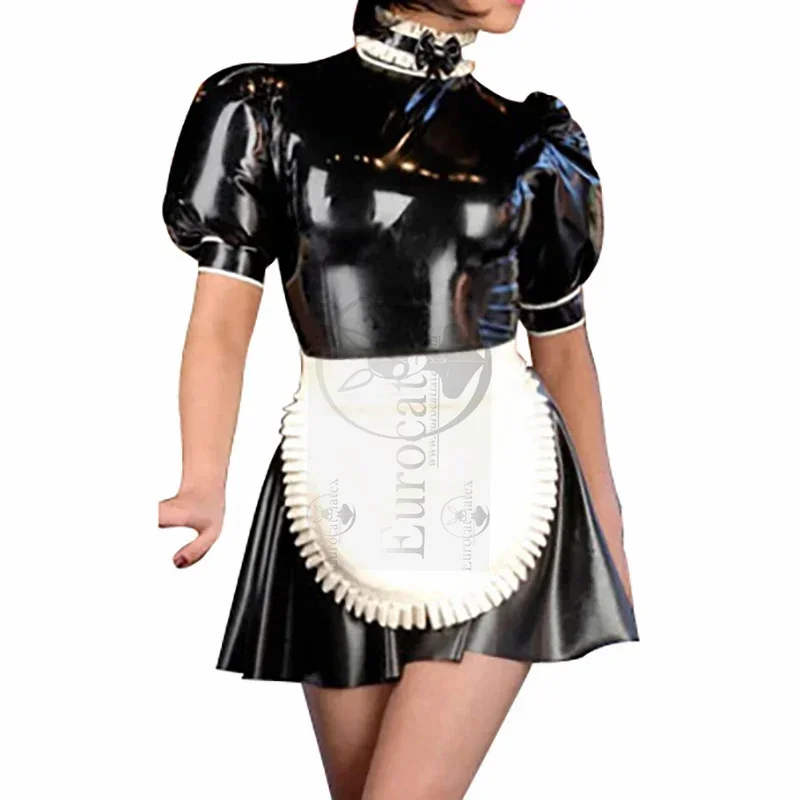 Black And White Sexy French Maid Latex Dress With Neck Collar Bows Zipper At Back Rubber Uniform Bodycon Playsuit