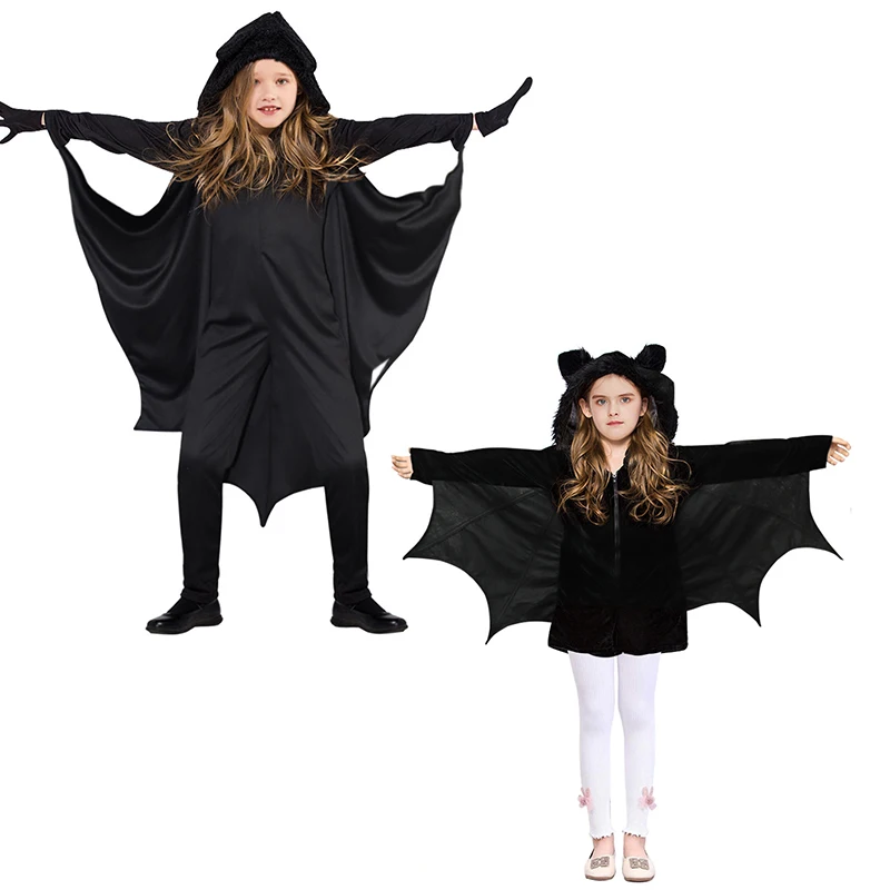 Halloween Party Children Black Bat Cosplay Costumes Wing Cape for Boys Girls Vampire Hooded Jumpsuit Romper Kids Gifts