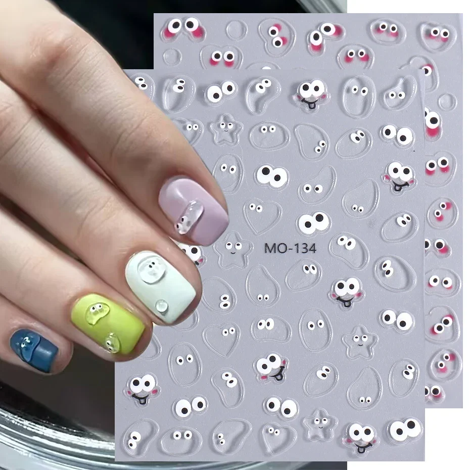 5D Kawaii Embossed Nail Sticker Melting Monster Jelly Bean Cute Eye Expression Engraved Cartoon Decal Slider DIY Nail Decoration