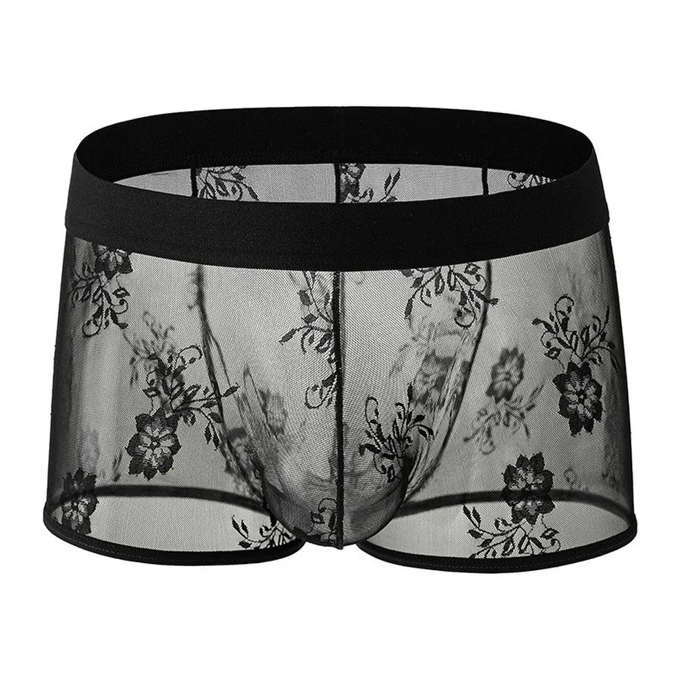 Men's Floral Lace Boxer Shorts Bulge Pouch Underwear See Through Trunks Panties With Floral Pattern Sheer Transparent Underwear