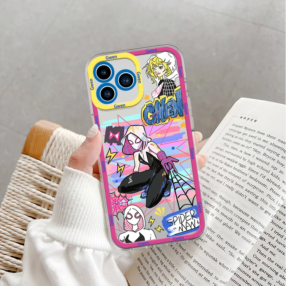 Capa de telefone MINISO Spider Ma Gwen para iPhone 12 11 13 14 15 16 Max Pro Plus com moldura transparente