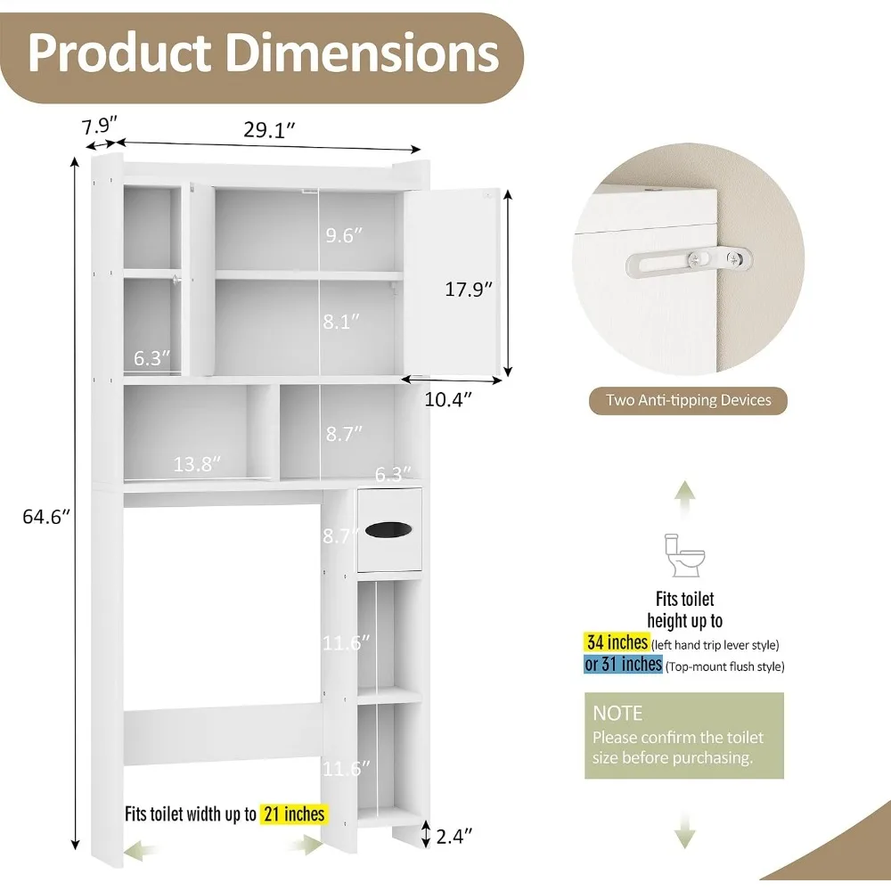 Over Toilet Storage Cabinet, Freestanding Bathroom Organizer with Adjustable Shelf, White