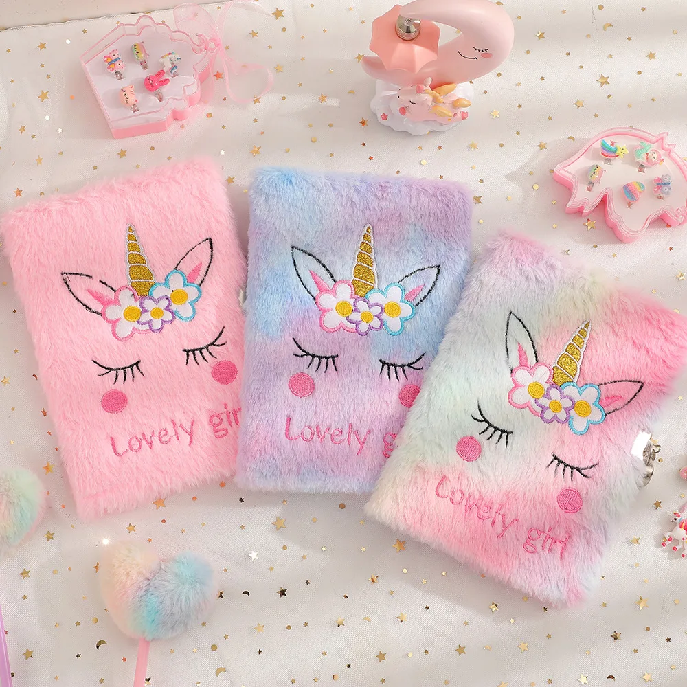 Children's A5 Cartoon Unicorn Plush Notebook with Lock Cute Student Writing Diary Holiday Gift Notebook