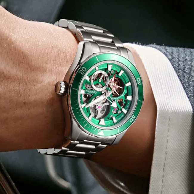 

Mark Fairwhale Men Automatic Watch 42mm Mechanical Wristwatch 50m Waterproof Luminous Skeleton Small Second Dial