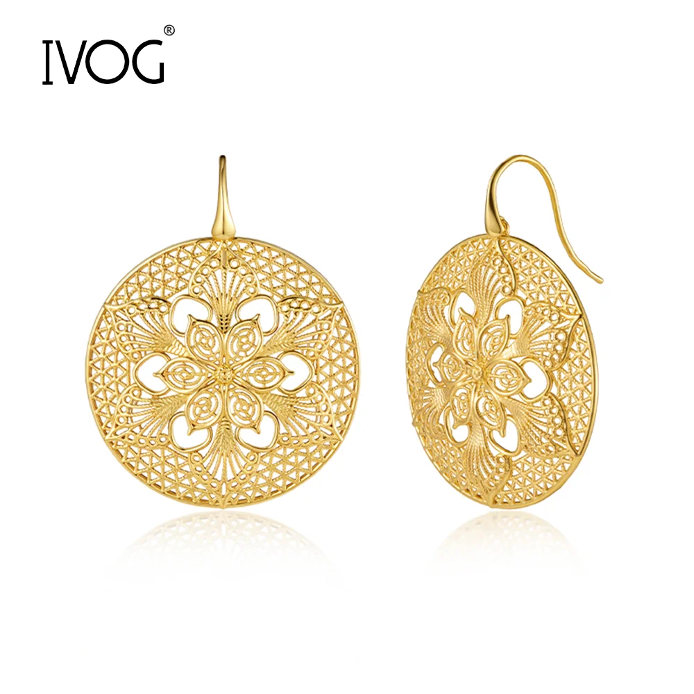 IVOG Hollow Out Floral Pattern Design Pendant Earrings For Women Gold Color Circle Earring Fashion Jewelry Gifts