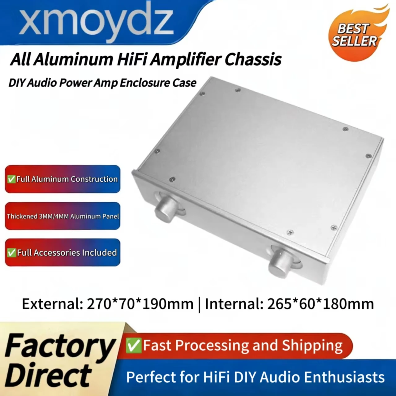 

270*70*190mm Audio Power HiFi DIY Aluminum Amplifier Chassis Case Enclosure Sandblasted 3MM Panel Internal 265*60*180mm