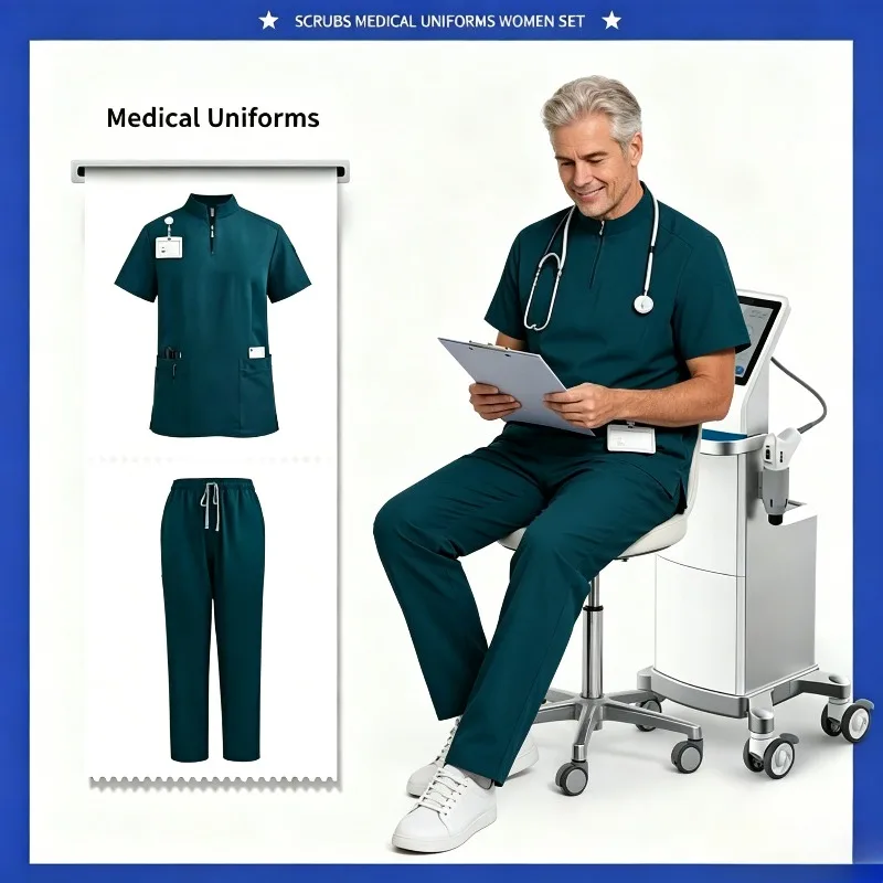 Two Piece Men's Nursing Home Frosted Isolation Hand Wash Suit Elastic Animal Hospital Overall Pharmacist Doctor Work Set