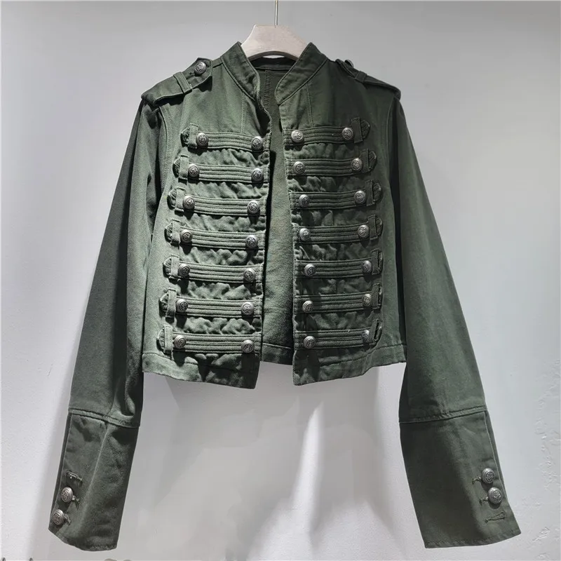 

Spring Women Fashion Multi-Row Buttons Decoration Short Denim Cardigan Jacket Stand Collar Long Sleeve Female Green Jeans Jacket