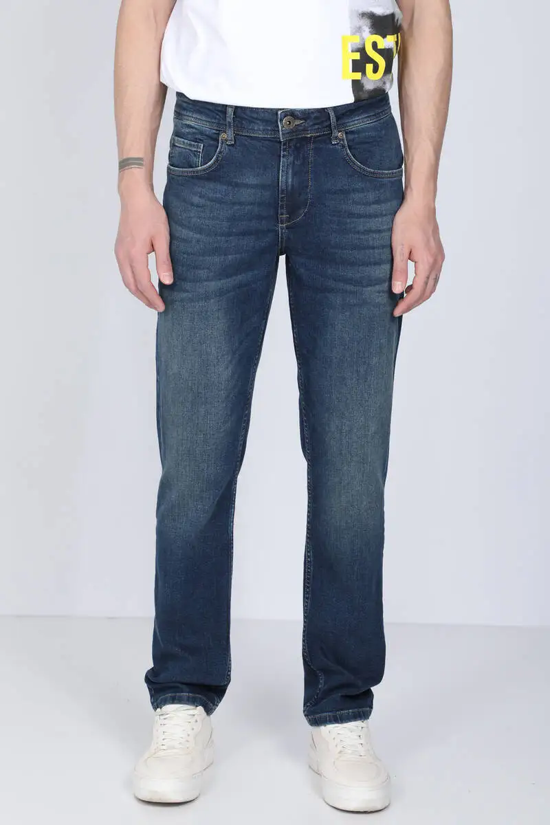 Men's Dark Blue Straight Flare Jean Pants